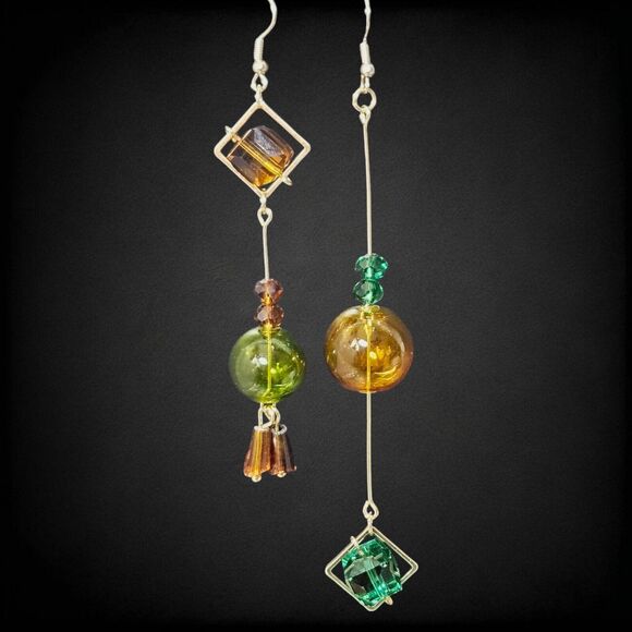 Original Blown Bubble Glass Dangle Earrings Women Fashion Goldtone Earth Tones - Picture 1 of 12